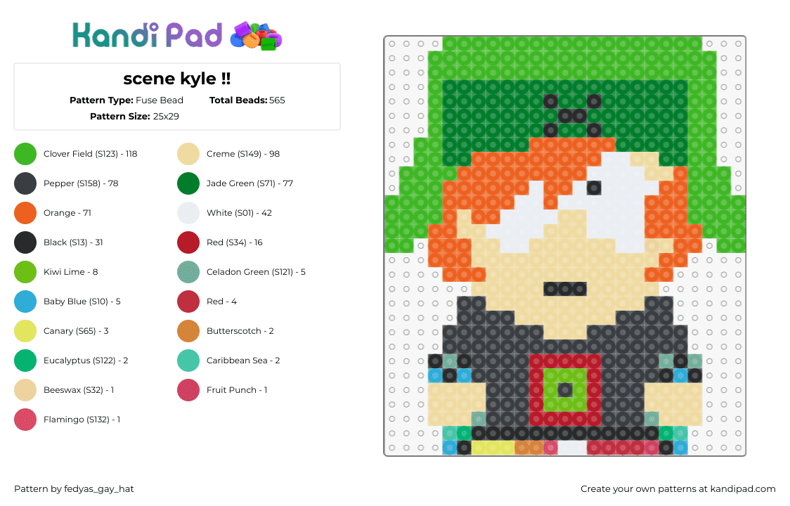 scene kyle !! - Fuse Bead Pattern by fedyas_gay_hat on Kandi Pad - kyle broflovski,south park,character,scene,emo,animation,tv show,green,orange,black,beige