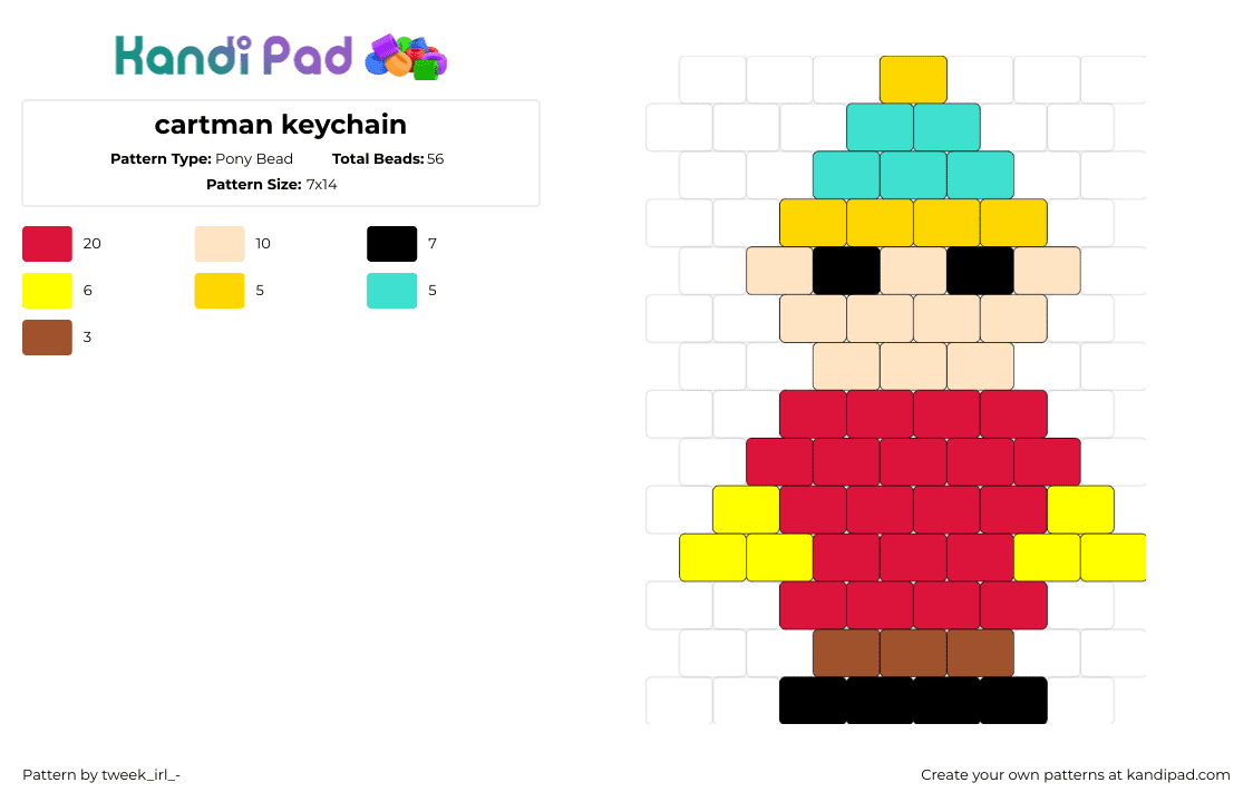 cartman keychain - Pony Bead Pattern by tweek_irl_- on Kandi Pad - eric cartman,south park,keychain,character,animation,tv show,charm,red