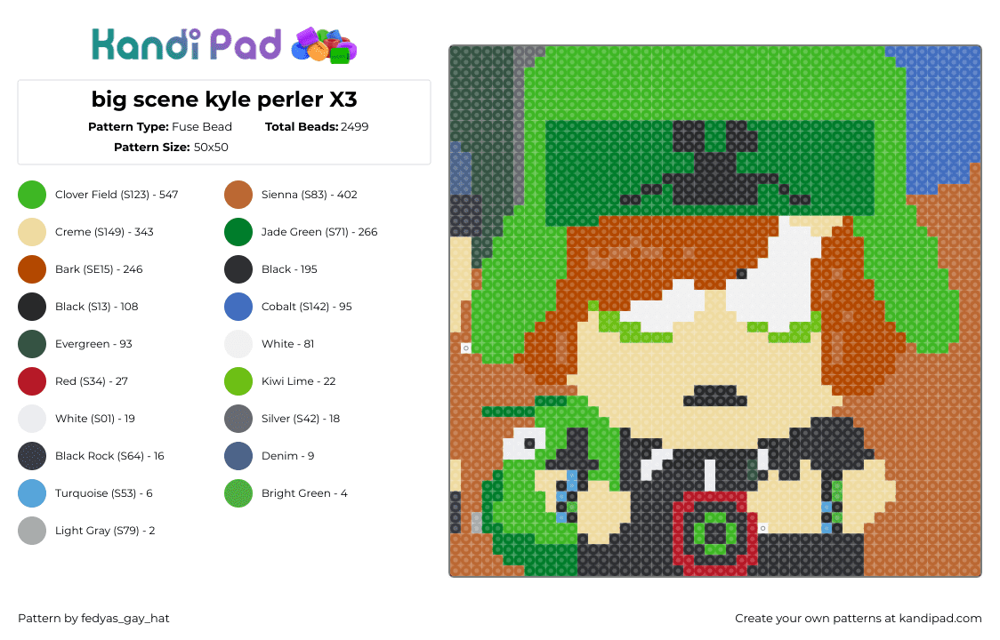 big scene kyle perler X3 - Fuse Bead Pattern by fedyas_gay_hat on Kandi Pad - kyle broflovski,south park,emo,scene,character,animation,tv show,green,orange,tan