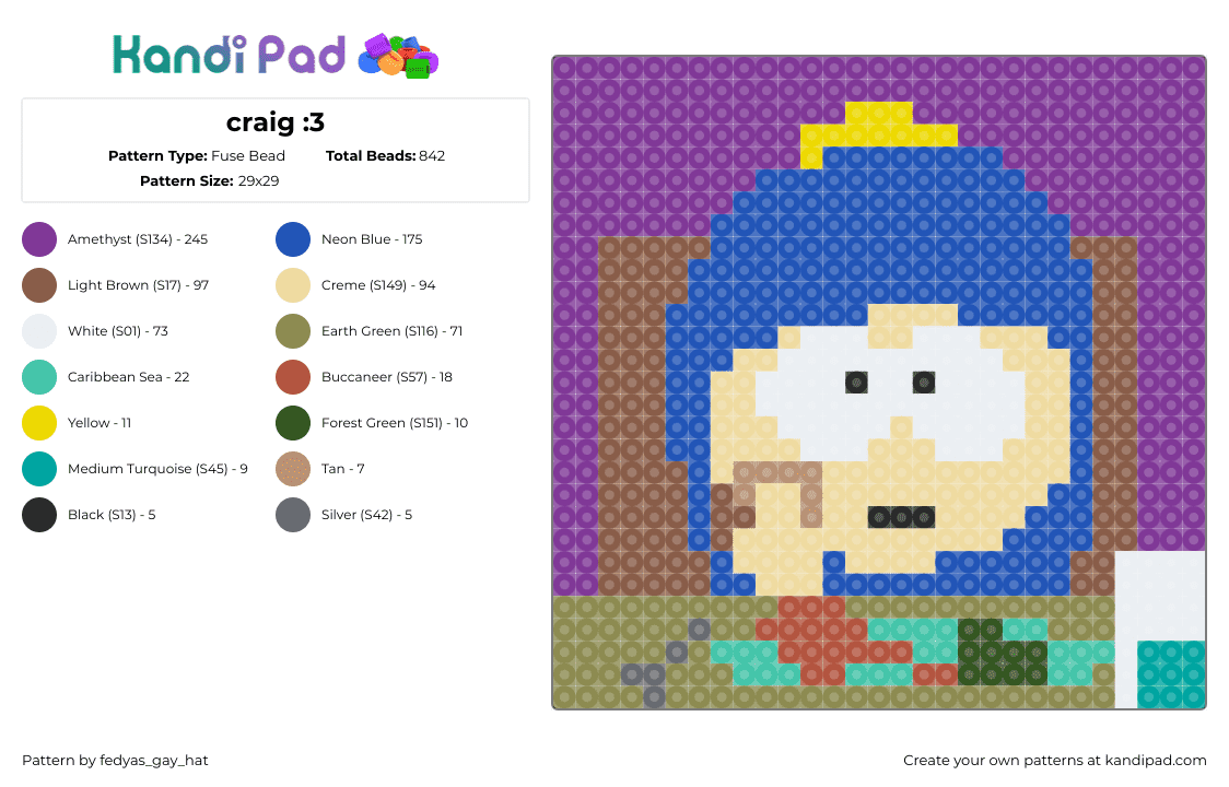 craig :3 - Fuse Bead Pattern by fedyas_gay_hat on Kandi Pad - craig,south park,character,cartoon,animation,tv show,blue,purple