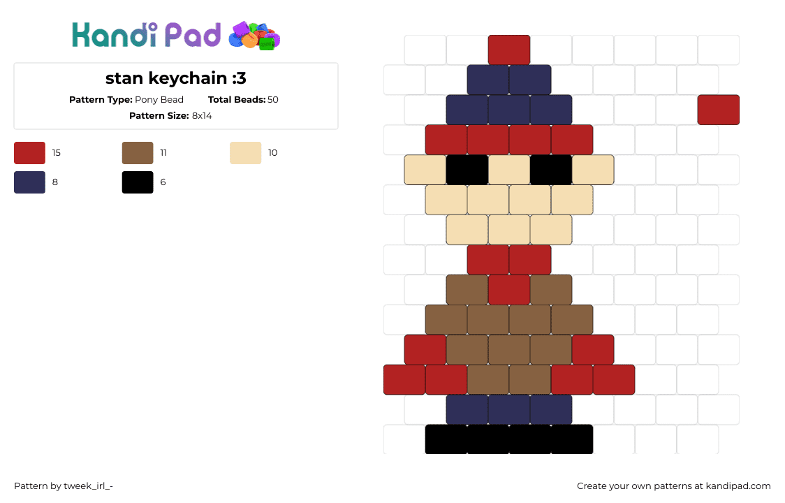 stan keychain :3 - Pony Bead Pattern by tweek_irl_- on Kandi Pad - stan marsh,south park,character,keychain,charm,animation,tv show,simple,red,tan,blue