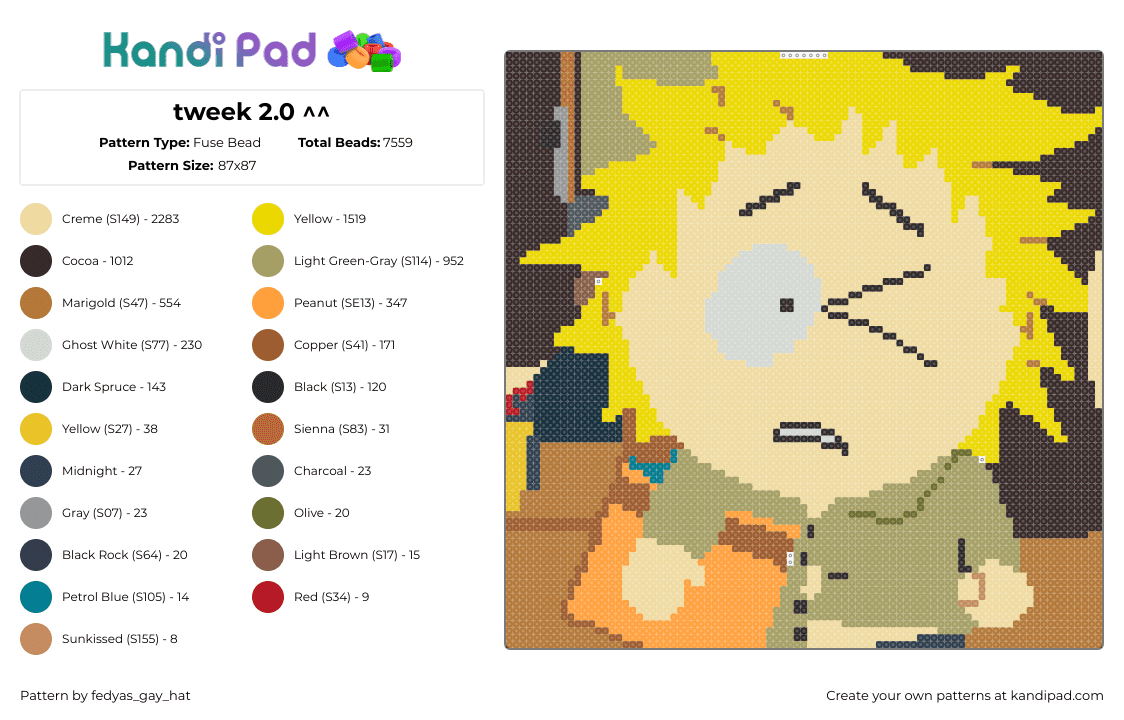 tweek 2.0 ^^ - Fuse Bead Pattern by fedyas_gay_hat on Kandi Pad - tweek tweak,south park,character,animation,cartoon,tv show,blonde,tan,yellow