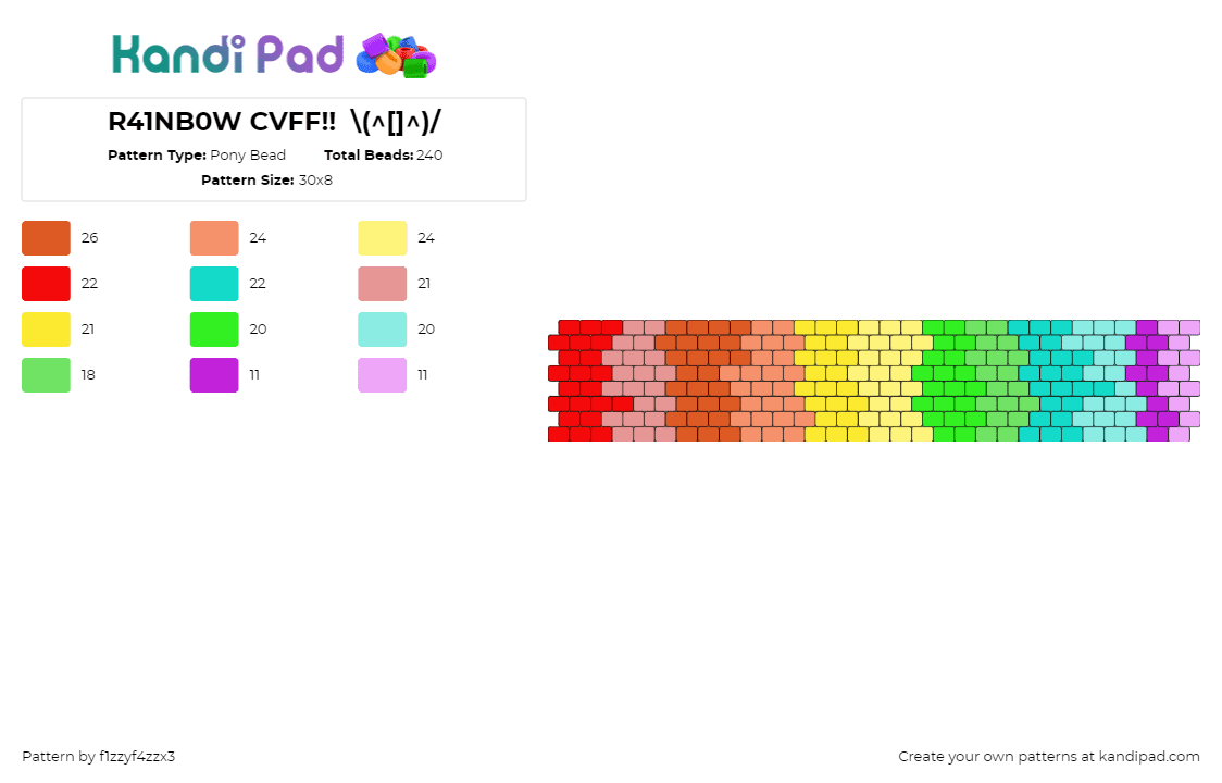 R41NB0W CVFF!!  \\(^[]^)/ - Pony Bead Pattern by f1zzyf4zzx3 on Kandi Pad - rainbow,paint,colorful,cuff,red,yellow,teal