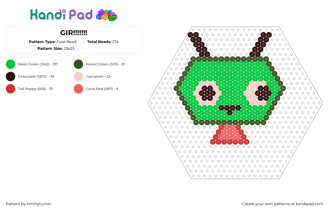 GIR!!!!!!! - Fuse Bead Pattern by timmyturner on Kandi Pad - gir,invader zim,character,derpy,tongue,cartoon,tv show,head,green,red