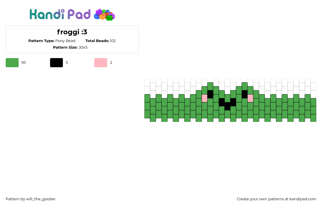 froggi :3 - Pony Bead Pattern by will_the_goober on Kandi Pad - frog,amphibian,cute,animal,bracelet,cuff,smile,green