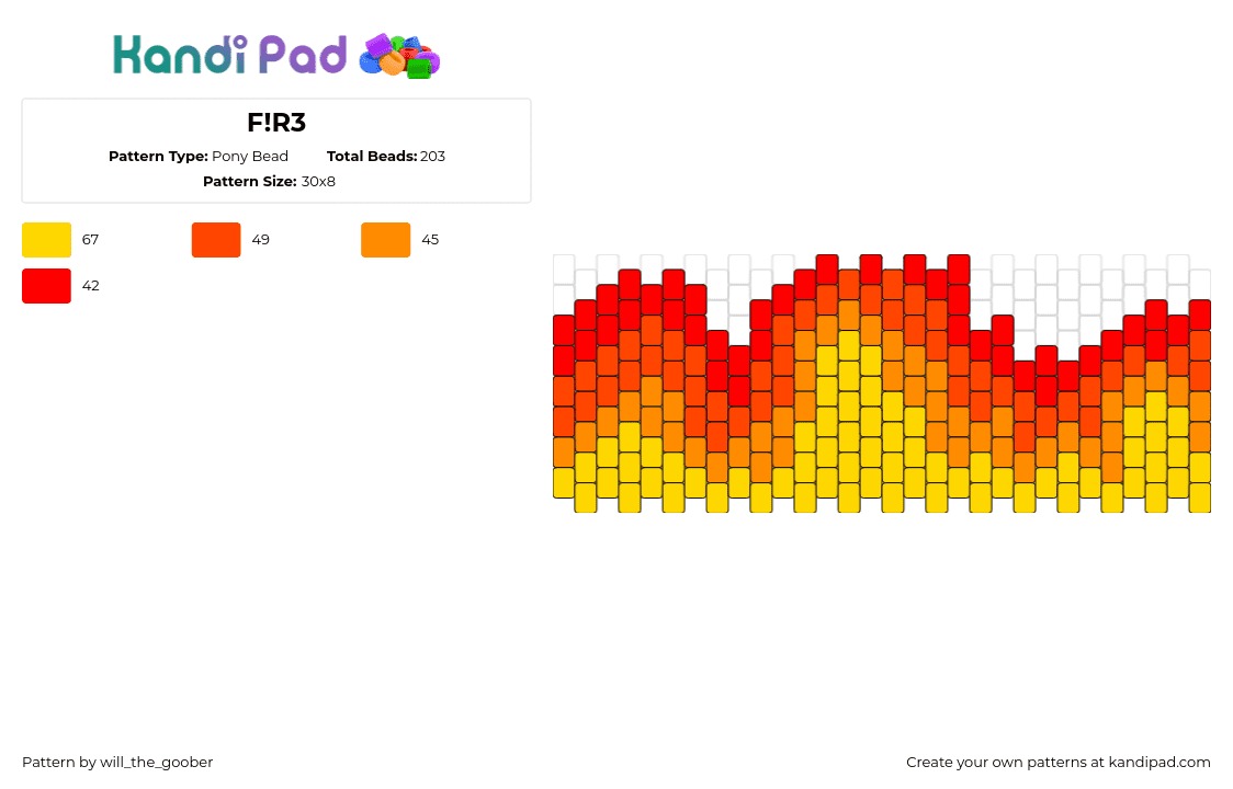 F!R3 - Pony Bead Pattern by will_the_goober on Kandi Pad - fire,flames,cuff,yellow,orange,red