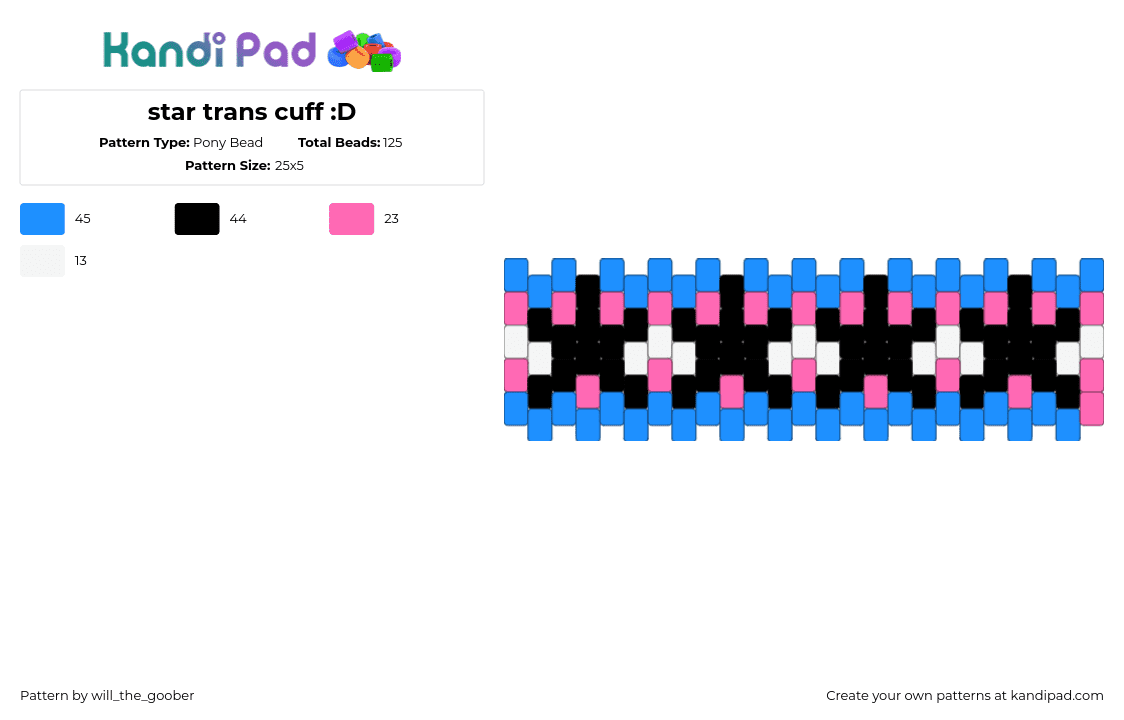 star trans cuff :D - Pony Bead Pattern by will_the_goober on Kandi Pad - trans,pride,cuff,black,pink,light blue