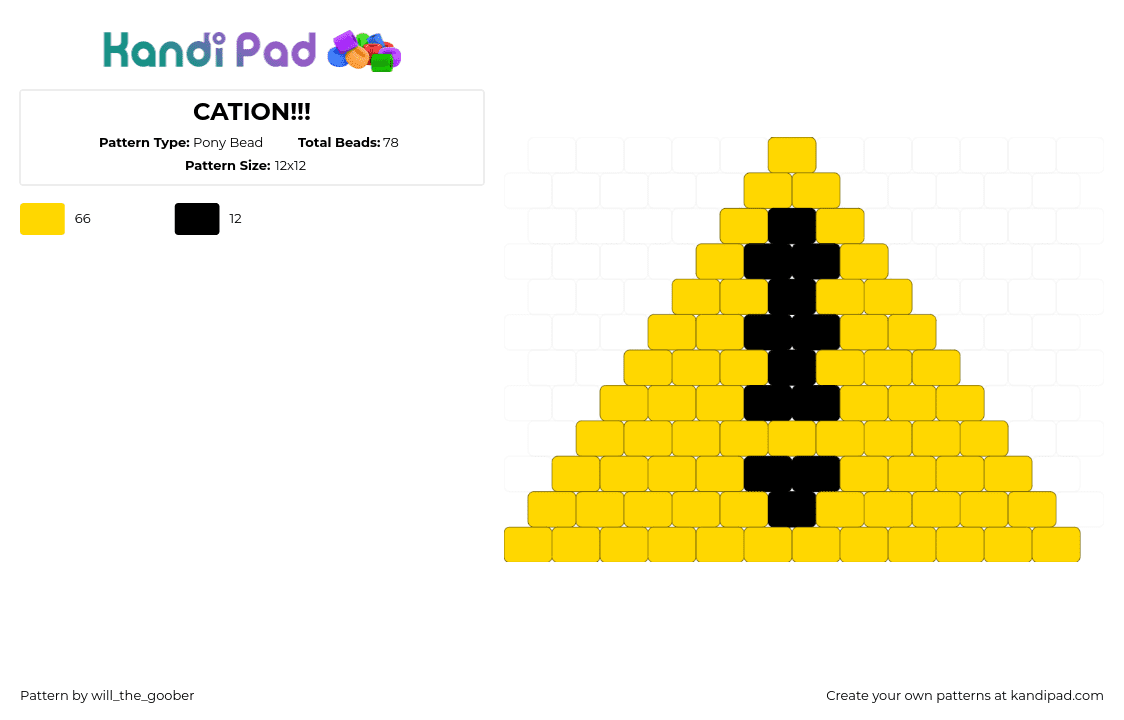 CATION!!! - Pony Bead Pattern by bugg_th3_g00b3r on Kandi Pad - caution,warning,symbol,sign,exclamation,yield,charm,yellow