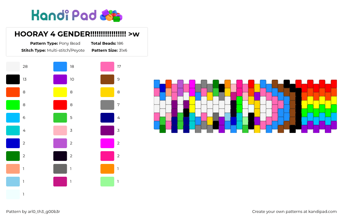 HOORAY 4 GENDER!!!!!!!!!!!!!!!!! >w - Pony Bead Pattern by bugg_th3_g00b3r on Kandi Pad - pride,colorful,light blue,pink,green,yellow