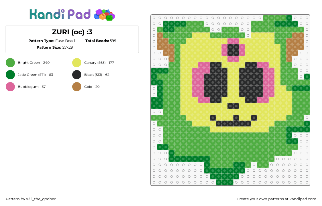 ZURI (oc) :3 - Fuse Bead Pattern by will_the_goober on Kandi Pad - zuri,lion,character,head,smile,cute,yellow,green