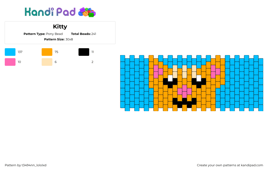 Kitty - Pony Bead Pattern by t3494nn_lololxd on Kandi Pad - kitty,cat,animal,smile,cute,cuff,light blue,orange