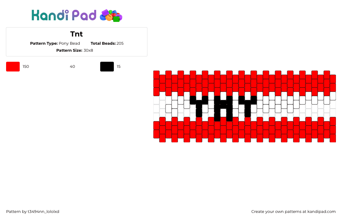 Tnt - Pony Bead Pattern by t3494nn_lololxd on Kandi Pad - tnt,explosive,dynamite,cuff,red,white