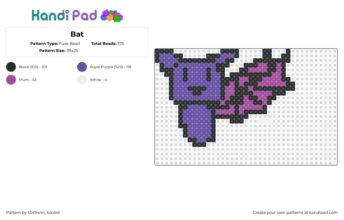 Bat - Fuse Bead Pattern by t3494nn_lololxd on Kandi Pad - bat,wined,cute,animal,halloween,purple