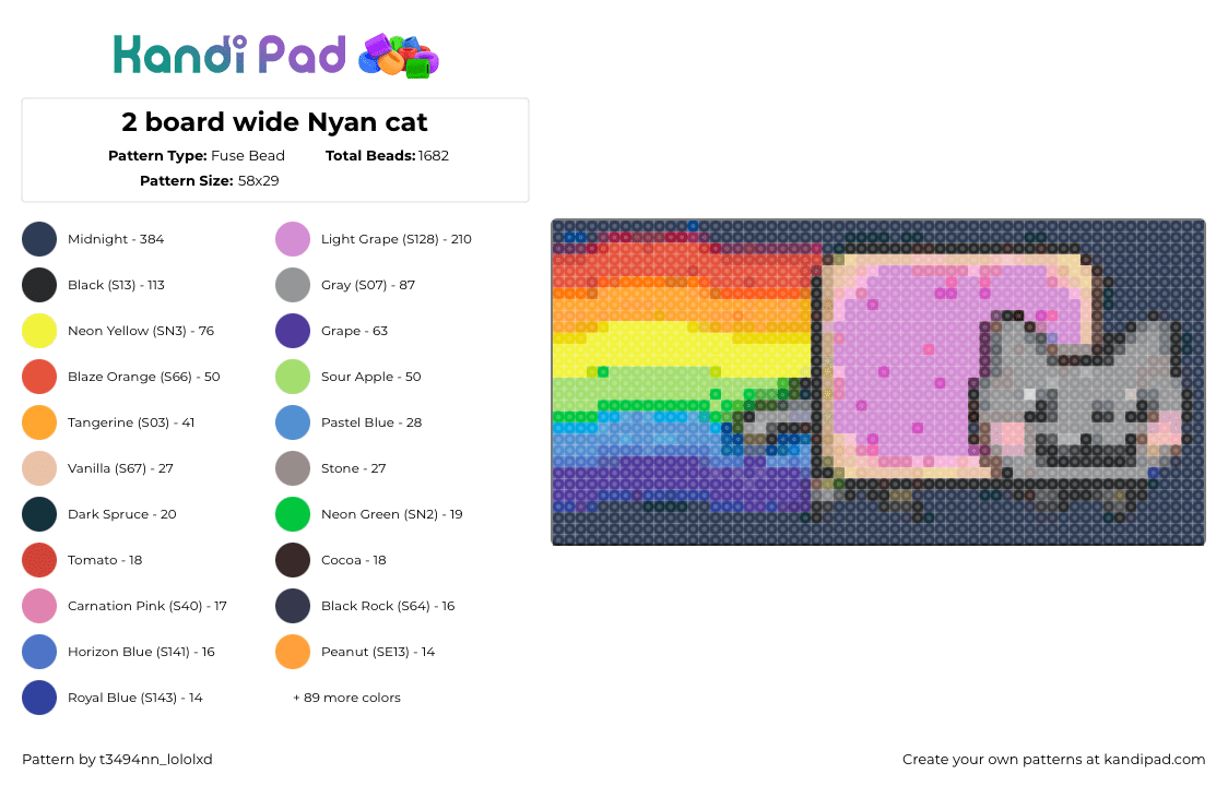 2 board wide Nyan cat - Fuse Bead Pattern by t3494nn_lololxd on Kandi Pad - nyan cat,meme,pop tart,rainbow,pink,gray,blue