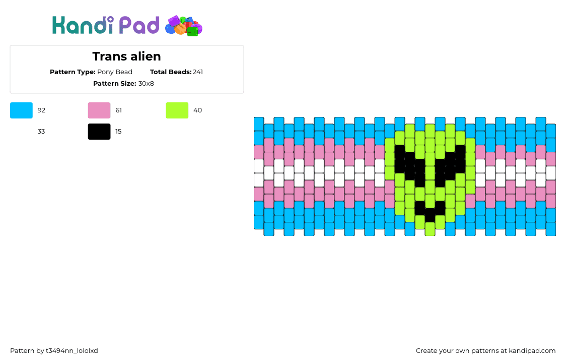 Trans alien - Pony Bead Pattern by t3494nn_lololxd on Kandi Pad - trans,alien,pride,cuff,green,light blue,pink