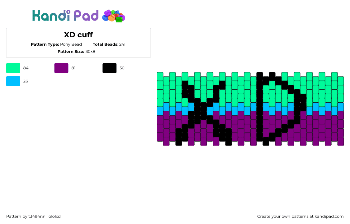 XD cuff - Pony Bead Pattern by t3494nn_lololxd on Kandi Pad - xd,laugh,cuff,teal,green,purple