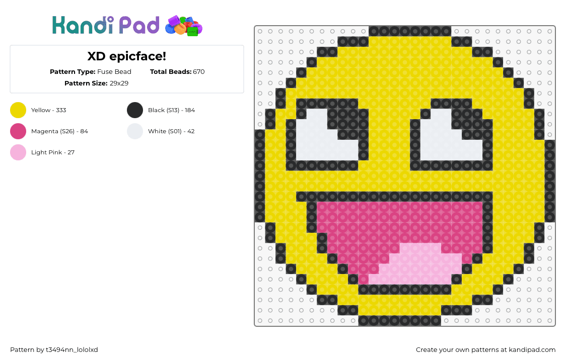 XD epicface! - Fuse Bead Pattern by t3494nn_lololxd on Kandi Pad - epic face,emoji,roblox,smiley,video game,happy,yellow,pink