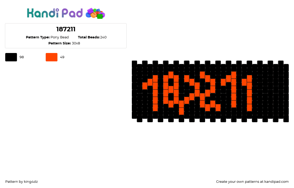 187211 - Pony Bead Pattern by king4dz on Kandi Pad - 187211,numbers,text,devilish trio,music,band,dark,cuff,red,black