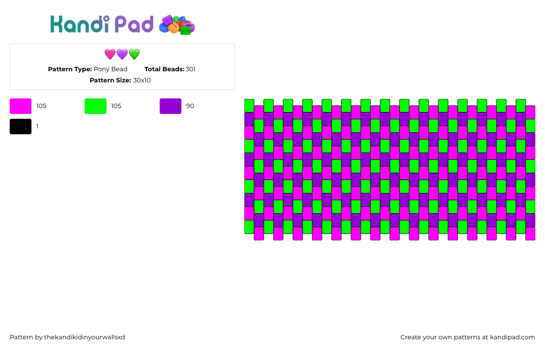 🩷💜💚 - Pony Bead Pattern by thekandikidinyourwallsxd on Kandi Pad - neon,weave,trippy,scene,cuff,green,pink,purple