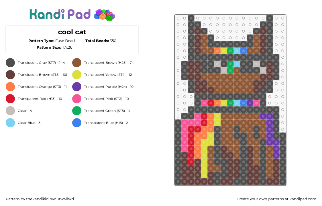 cool cat - Fuse Bead Pattern by thekandikidinyourwallsxd on Kandi Pad - cat,animal,cool,sunglasses,colorful,drippy,brown