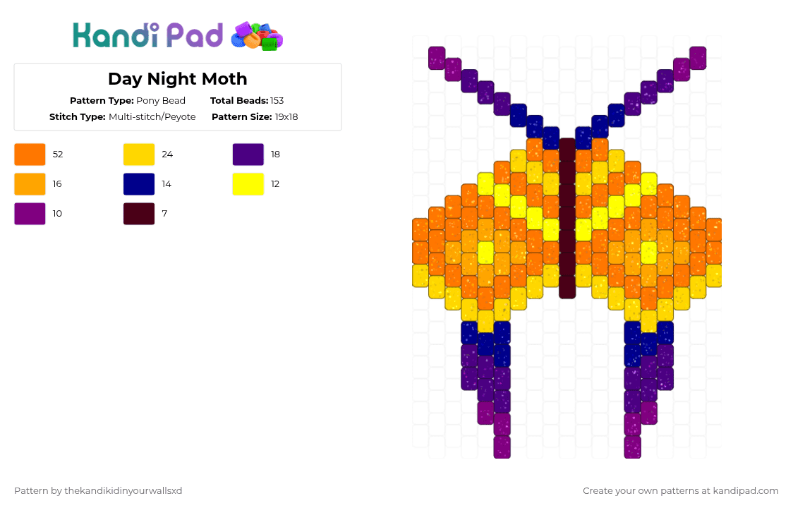 Day Night Moth - Pony Bead Pattern by thekandikidinyourwallsxd on Kandi Pad - purple,orange,yellow