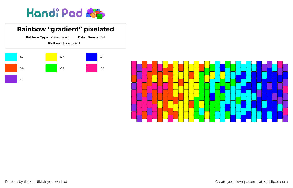 Rainbow “gradient” pixelated - Pony Bead Pattern by thekandikidinyourwallsxd on Kandi Pad - random,gradient,rainbow,colorful,bright,neon,cuff,orange,green,blue