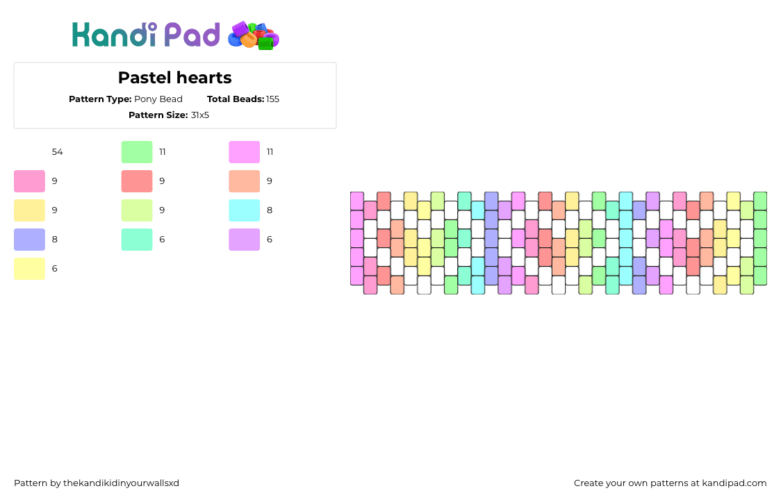 Pastel hearts - Pony Bead Pattern by thekandikidinyourwallsxd on Kandi Pad - hearts,pastel,love,colorful,valentine,cuff,pink,yellow,white