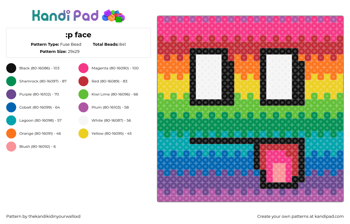 :p face - Fuse Bead Pattern by thekandikidinyourwallsxd on Kandi Pad - face,tongue,colorful,cute,silly,panel,pink,green