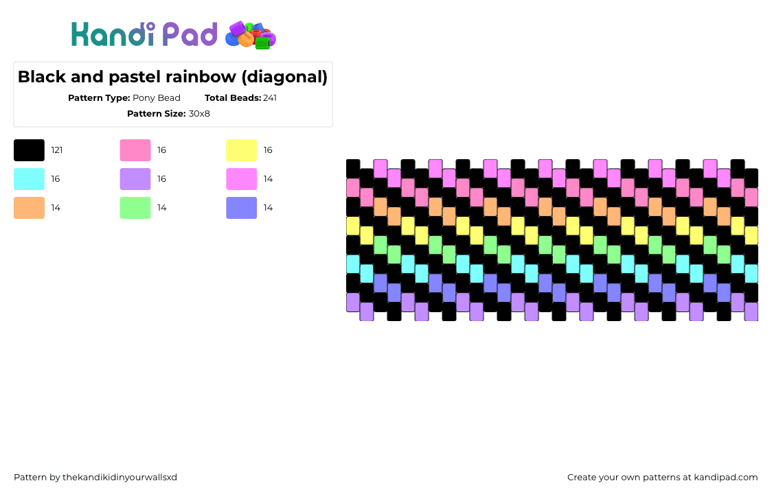 Black and pastel rainbow (diagonal) - Pony Bead Pattern by thekandikidinyourwallsxd on Kandi Pad - pastel,diagonal,stripes,colorful,dark,cuff,black,pink,teal,orange,purple