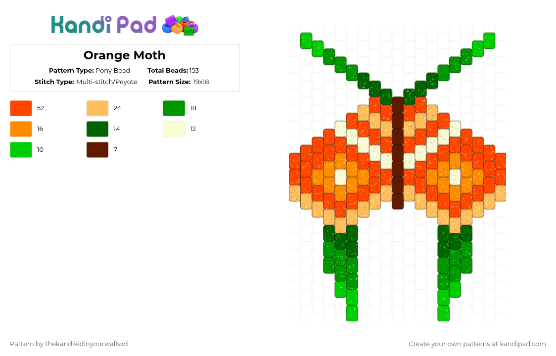 Orange Moth - Pony Bead Pattern by thekandikidinyourwallsxd on Kandi Pad - green,red,orange