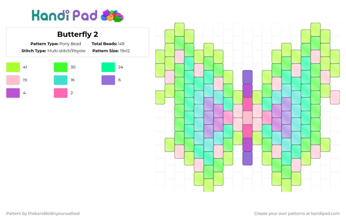 Butterfly 2 - Pony Bead Pattern by thekandikidinyourwallsxd on Kandi Pad - butterfly,neon,translucent,bright,insect,charm,animal,pink,green