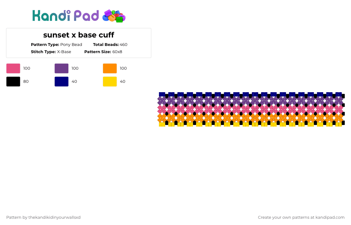 sunset x base cuff - Pony Bead Pattern by thekandikidinyourwallsxd on Kandi Pad - pink,purple,orange