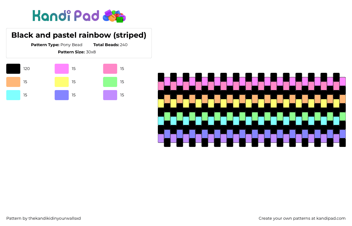 Black and pastel rainbow (horizontal) - Pony Bead Pattern by thekandikidinyourwallsxd on Kandi Pad - pastel,zipper,stripes,colorful,dark,cuff,black,pink,teal,orange