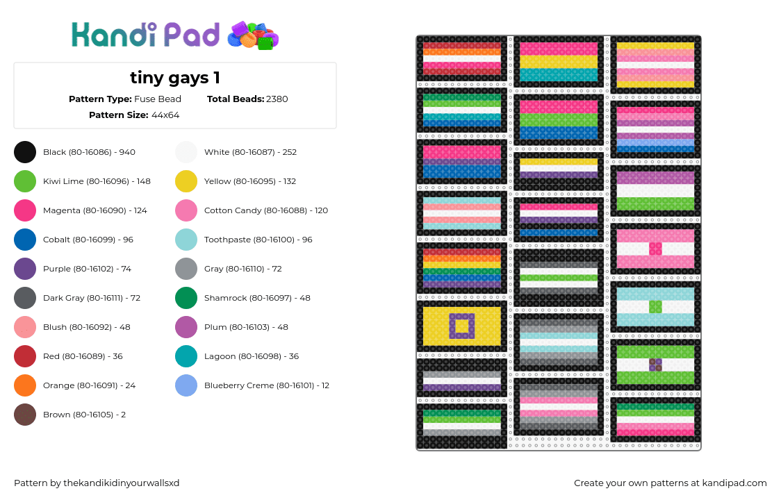 tiny gays 1 - Fuse Bead Pattern by thekandikidinyourwallsxd on Kandi Pad - pride,flags,charms,community,support,simple,colorful,pink,green,yellow