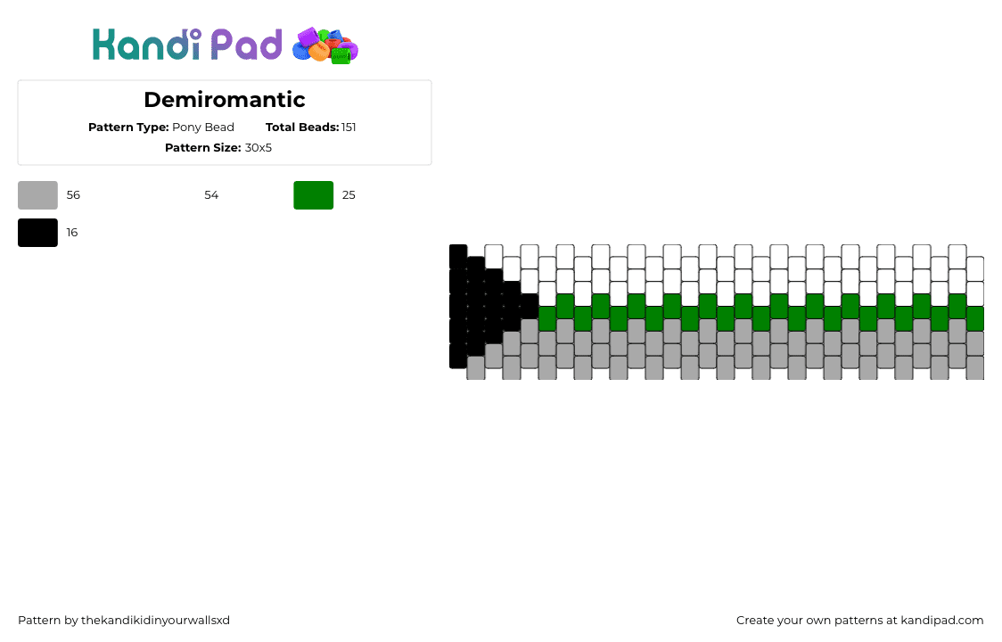 Demiromantic - Pony Bead Pattern by thekandikidinyourwallsxd on Kandi Pad - demiromantic,pride,bracelet,cuff,green,gray,white,black