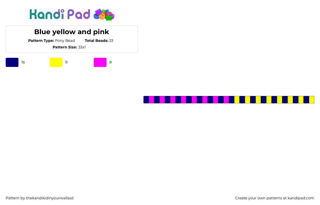 Blue yellow and pink - Pony Bead Pattern by thekandikidinyourwallsxd on Kandi Pad - stripes,single,bracelet,blue,pink,yellow