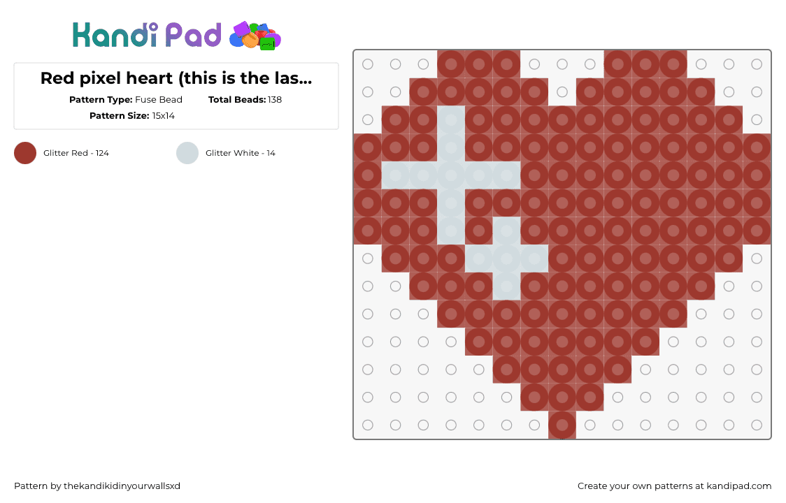 Red pixel heart (this is the last one I promise) - Fuse Bead Pattern by thekandikidinyourwallsxd on Kandi Pad - heart,sparkle,love,shiny,valentine,red