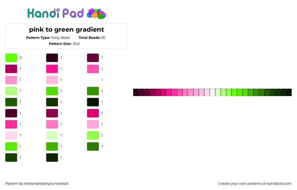 pink to green gradient - Pony Bead Pattern by thekandikidinyourwallsxd on Kandi Pad - gradient,scene,single,bracelet,pink,green