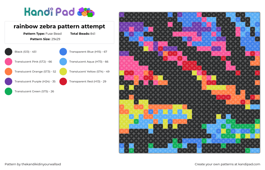 rainbow zebra pattern attempt - Fuse Bead Pattern by thekandikidinyourwallsxd on Kandi Pad - sunset,zebra,colorful,random,dark,panel,blue,pink,orange