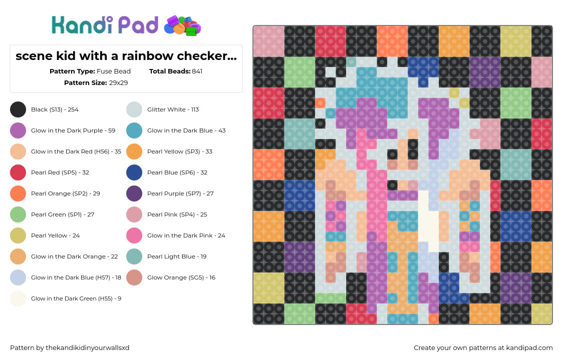 scene kid with a rainbow checkered background - Fuse Bead Pattern by thekandikidinyourwallsxd on Kandi Pad - scene,checkered,character,colorful,pastel,panel,pink,purple,black