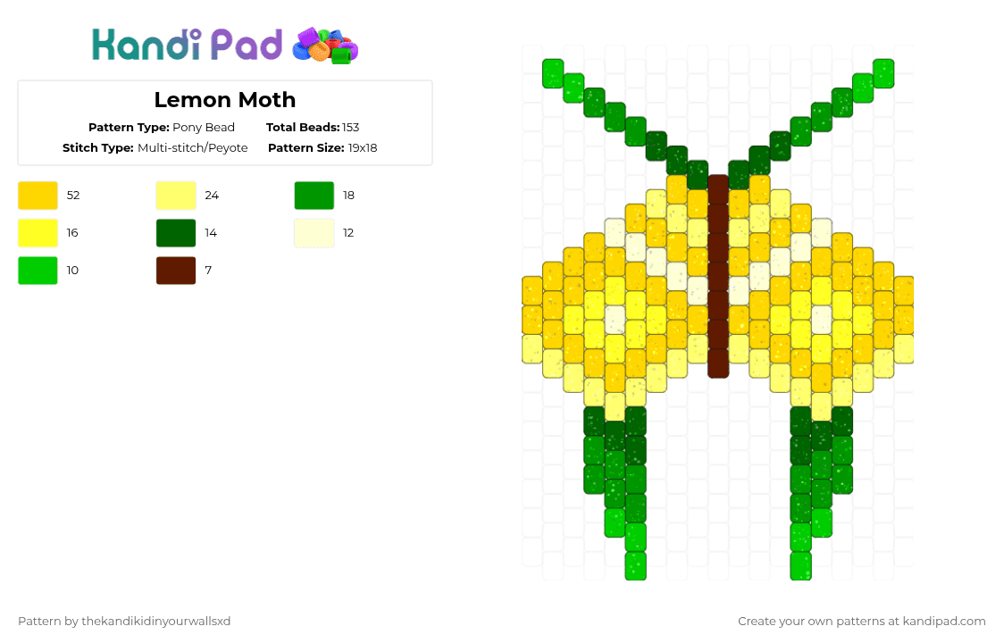 Lemon Moth - Pony Bead Pattern by thekandikidinyourwallsxd on Kandi Pad - yellow