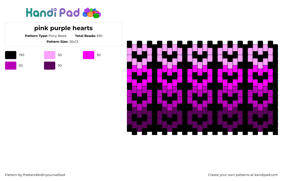 pink purple hearts - Pony Bead Pattern by thekandikidinyourwallsxd on Kandi Pad - hearts,gradient,love,valentine,panel,cuff,dark,pink,black