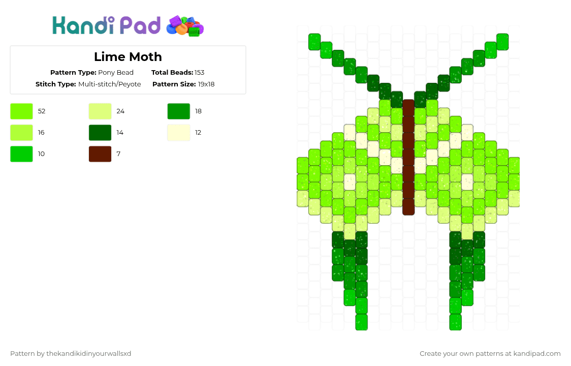Lime Moth - Pony Bead Pattern by thekandikidinyourwallsxd on Kandi Pad - green
