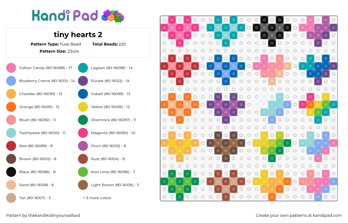 tiny hearts 2 - Fuse Bead Pattern by thekandikidinyourwallsxd on Kandi Pad - hearts,colorful,love,charms,valentine,simple,pink,teal,yellow