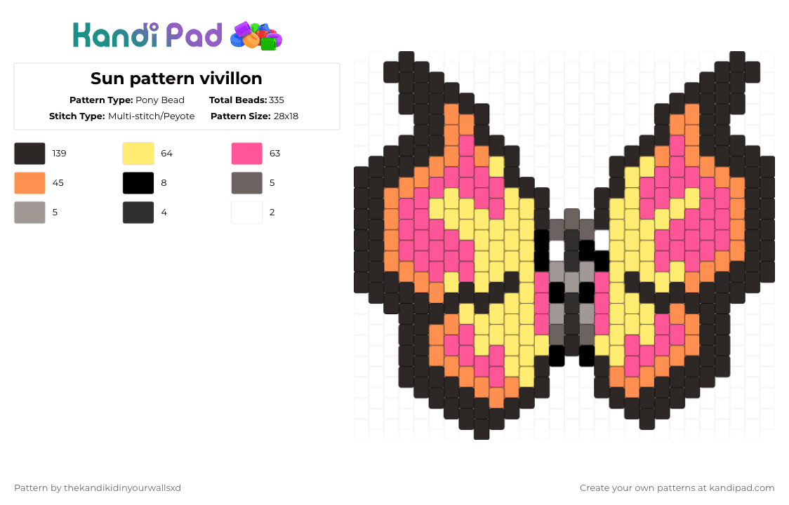 Sun pattern vivillon - Pony Bead Pattern by thekandikidinyourwallsxd on Kandi Pad - butterfly,animal,orange,pink,yellow
