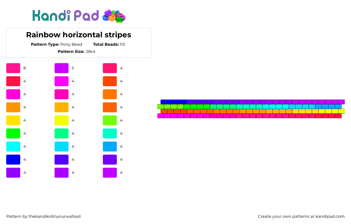 Rainbow horizontal stripes - Pony Bead Pattern by thekandikidinyourwallsxd on Kandi Pad - neon,colorful,horizontal,stripes,bracelet,cuff,purple,teal,orange,pink