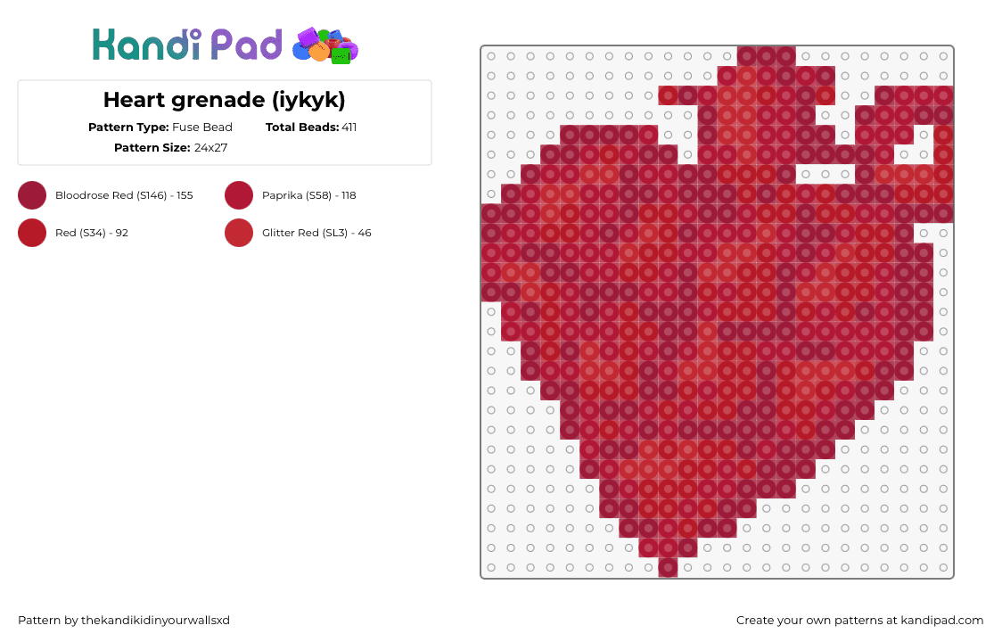 Heart grenade (iykyk) - Fuse Bead Pattern by thekandikidinyourwallsxd on Kandi Pad - green day,heart,grenade,band,music,punk,red