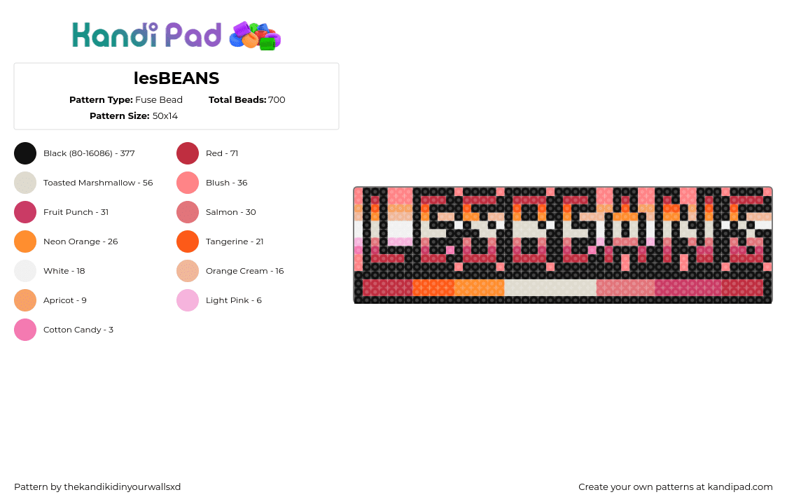 lesBEANS - Fuse Bead Pattern by thekandikidinyourwallsxd on Kandi Pad - lesbeans,lesbian,pride,text,sign,gradient,red,pink,orange