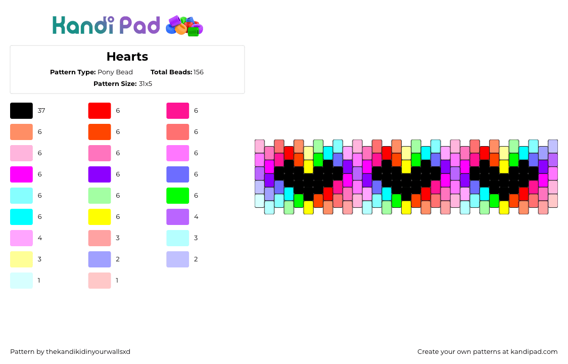 Hearts - Pony Bead Pattern by thekandikidinyourwallsxd on Kandi Pad - hearts,pastel,neon,glow,cuff,colorful,black,red,teal