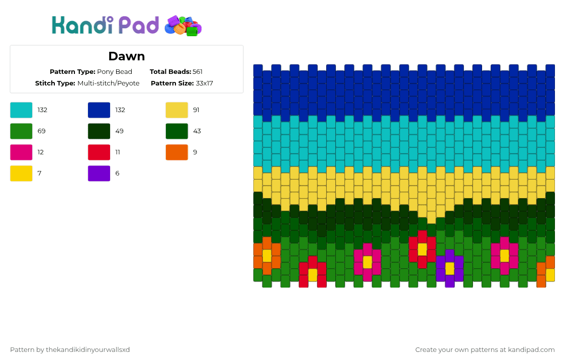 Dawn - Pony Bead Pattern by thekandikidinyourwallsxd on Kandi Pad - teal,yellow,green,purple